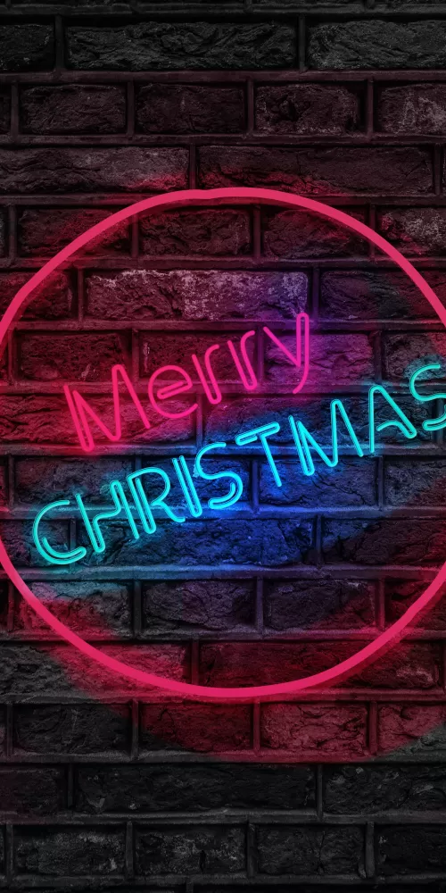 Merry Christmas, Neon, Brick wall, Dark, Colorful, Neon sign, 5K