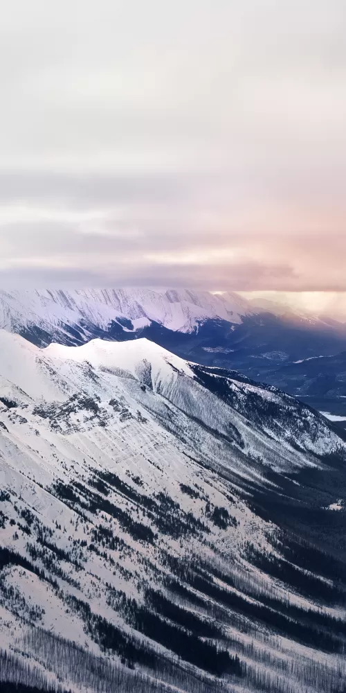 Glacier mountains, Snow covered, Sunrise, Landscape, Mountain range, Misty, Cloudy, Winter