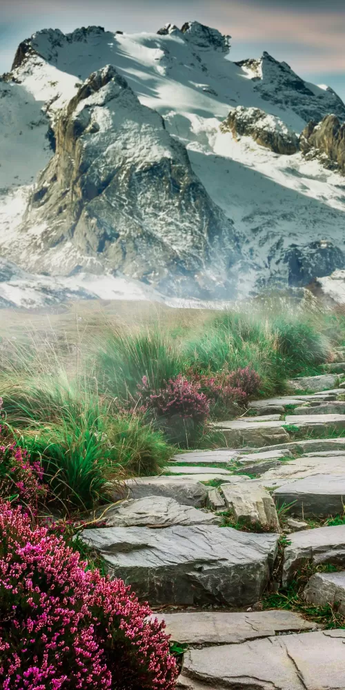 Mountains, Path, Hill, Spring, Aesthetic, Landscape, Scenery, Stone staircase, Girly, 5K