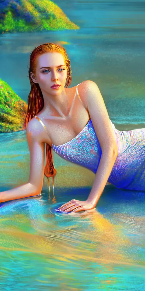 Mermaid, Beautiful, Girl, Paint, Vivid, Red hair, Portrait, Woman