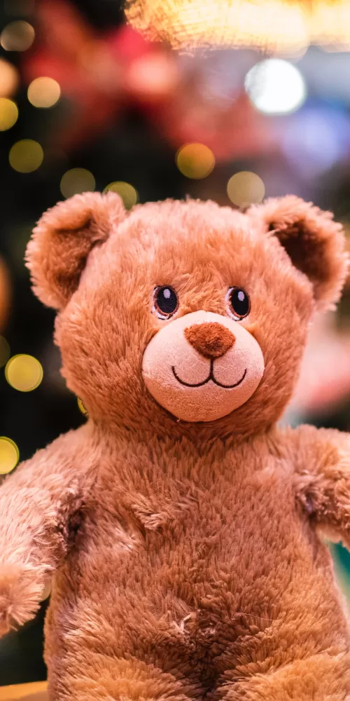 Teddy bear, Cute Christmas, Brown, Bokeh, Lights, Gift, Cute, Fluffy Bear, Dolls, 5K