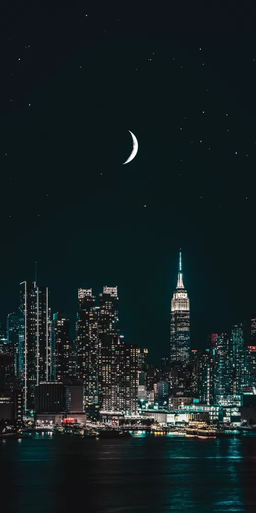New York City, Cityscape, Night, City lights, Half moon, Starry sky