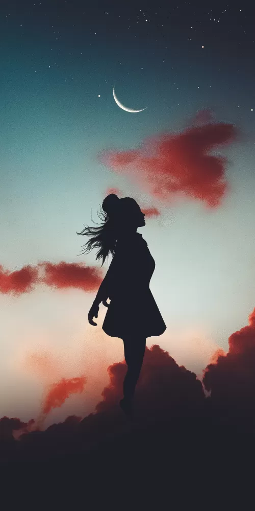 Girl, Mood, Silhouette, Evening sky, Crescent Moon, Aesthetic