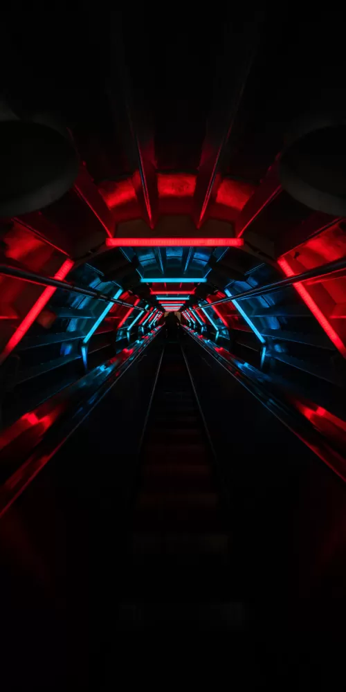 Tunnel, Vanishing point, Red lighting, Blue light, Black background, Pattern, Long exposure, Neon Lights, 5K