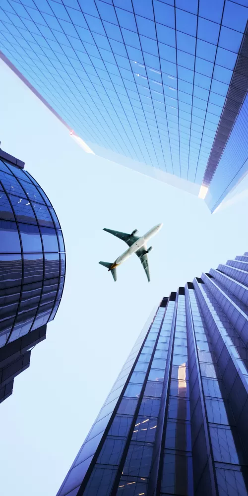 Airplane, Looking up at Sky, Skyscrapers, Daytime, High rise building, Transport aircraft, 5K