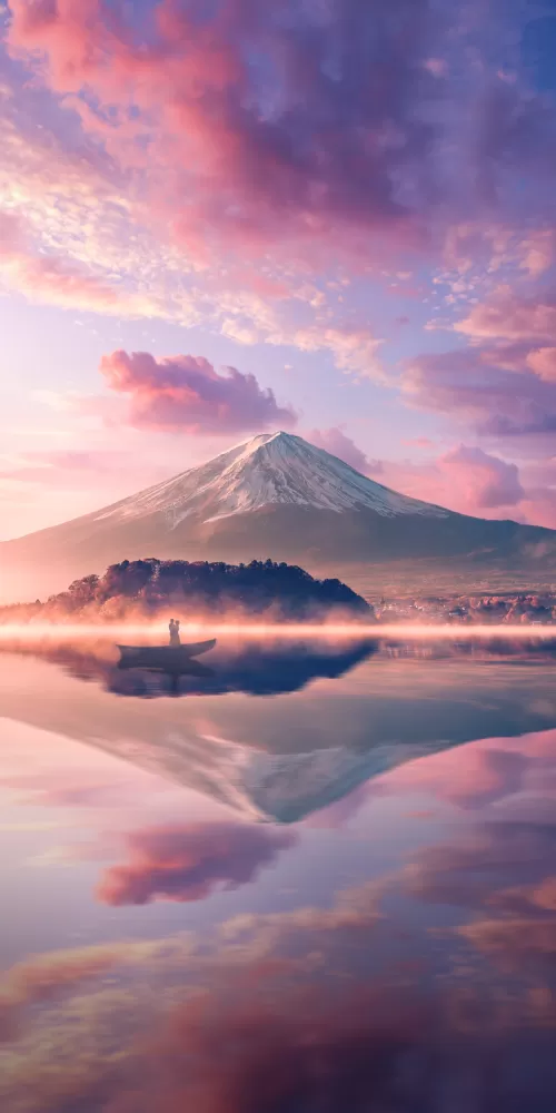 Mount Fuji, Volcano, Japan, River, Reflection, Boat, Couple, 5K