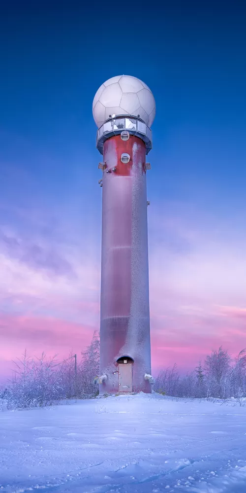 Radar Tower, Winter, Snow covered, Purple sky, Sunrise, Frost, Dawn, 5K
