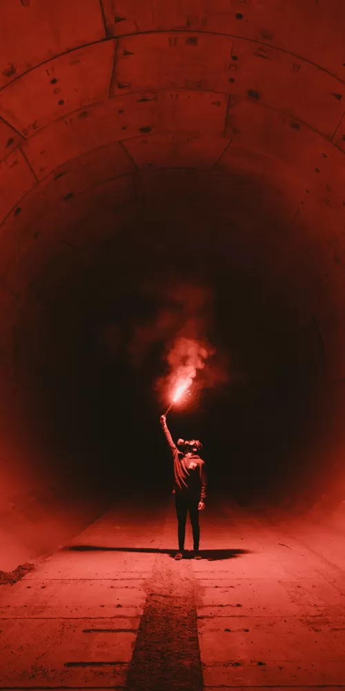 Red Flare Smoke, Tunnel, Man in Mask, Underground, Fireworks, 5K
