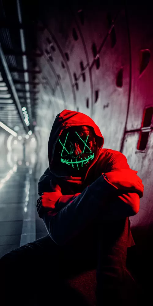 Neon Mask, Red Hoodie, Tunnel, Portrait, Face Mask, Anonymous, 5K