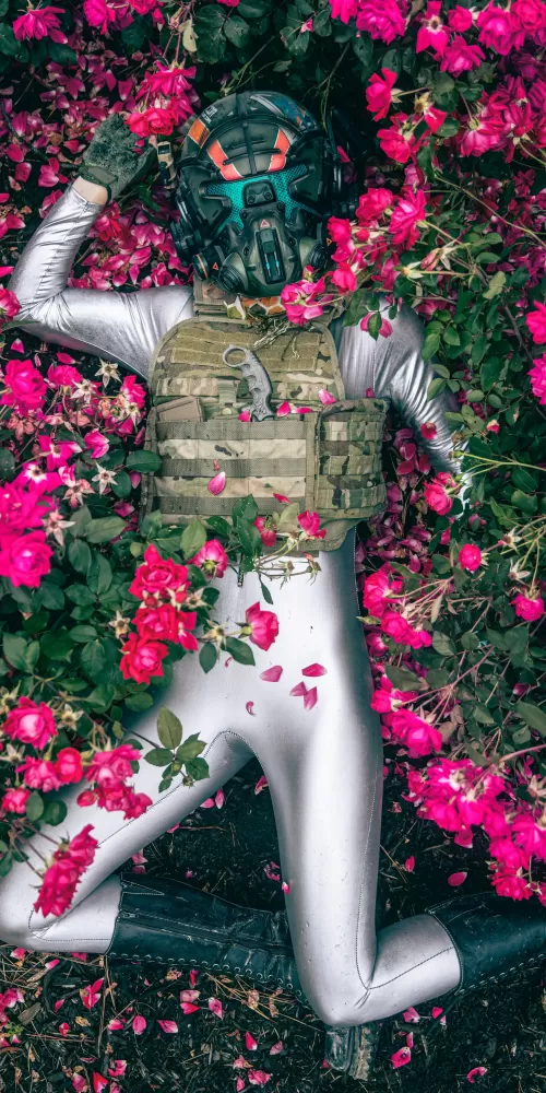 Suit, Mask, Armor, Extinction, Flowers, Floral, Lying down, Aerial view, 5K
