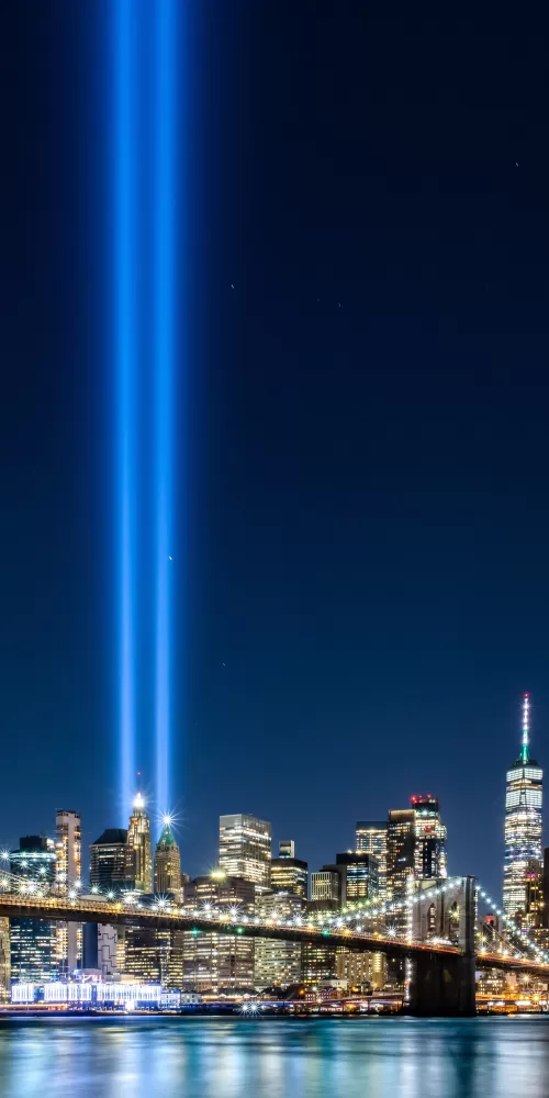 911 Memorial, Tribute in Light, September 11, Spotlight, Night time, Cityscape, Bridge, City lights, 5K