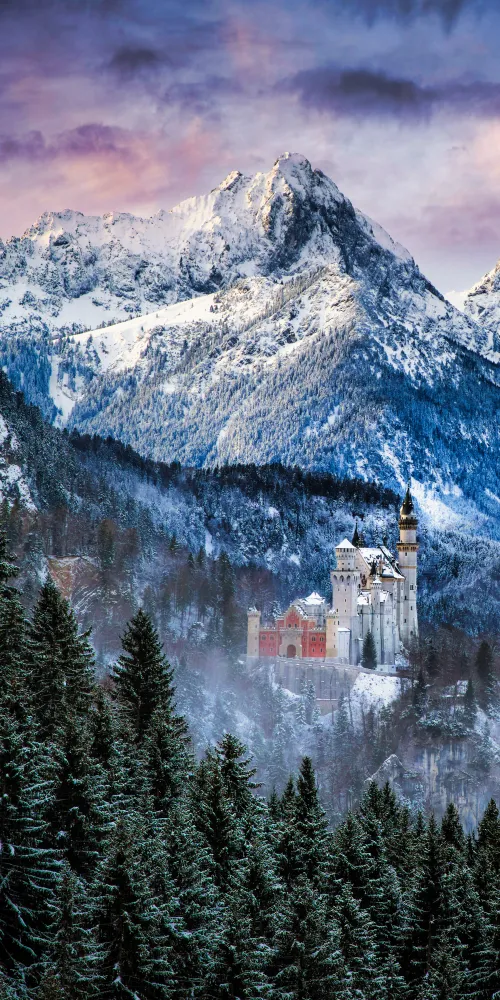 Neuschwanstein Castle, Morning, Winter, Mountains, Snow covered, Ancient architecture, Schwangau, Germany, 5K