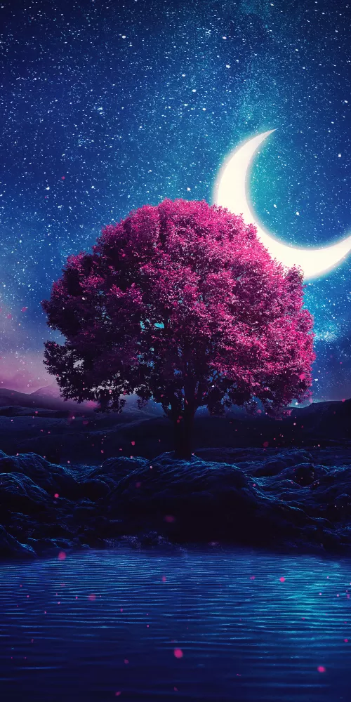 Lone tree, Crescent Moon, Half moon, Starry sky, Night, Lake, Girly backgrounds, Night sky