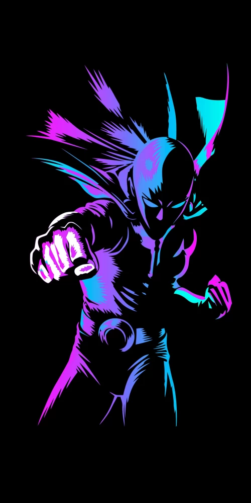 Saitama, One Punch Man, Neon art, Black background, AMOLED, 5K